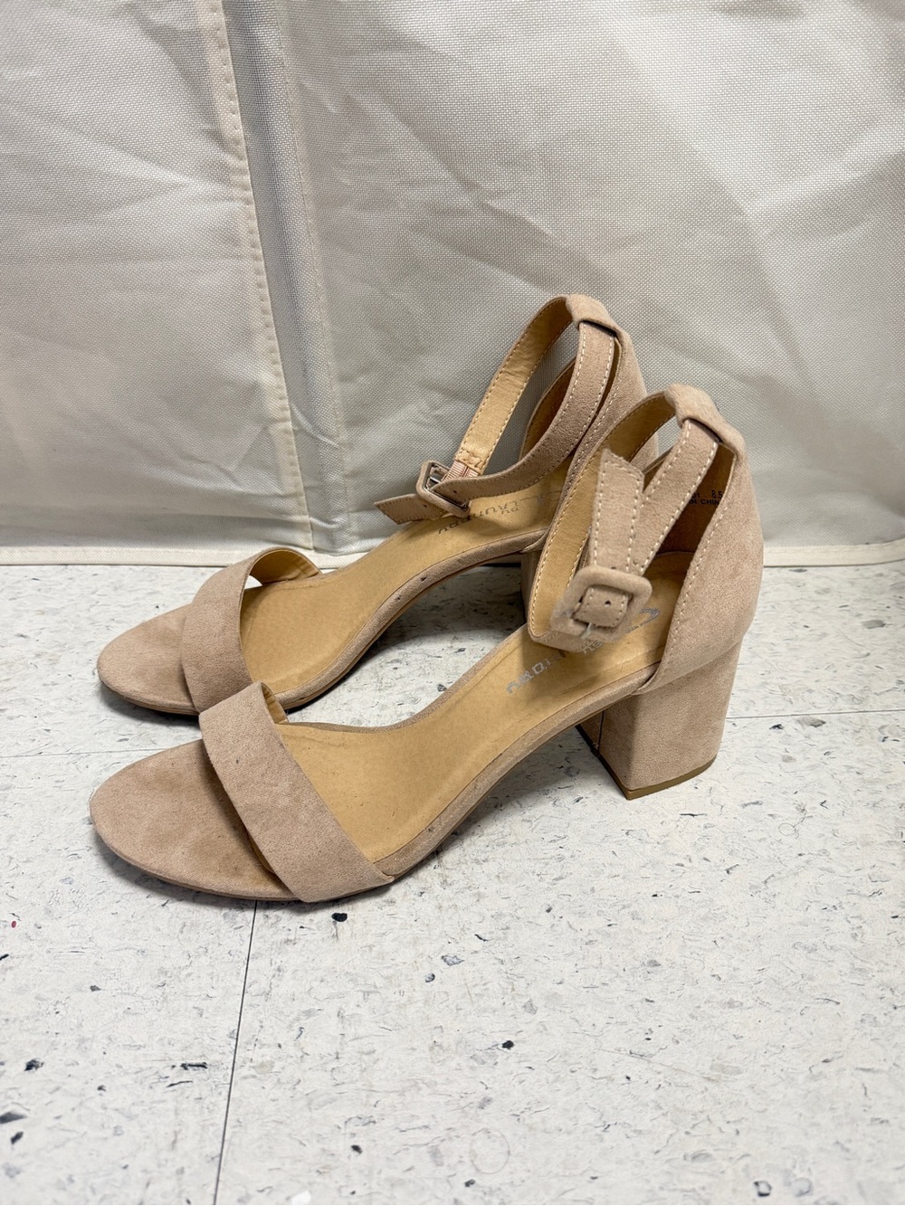 Block Heel Ankle Strap Sandals in Beige